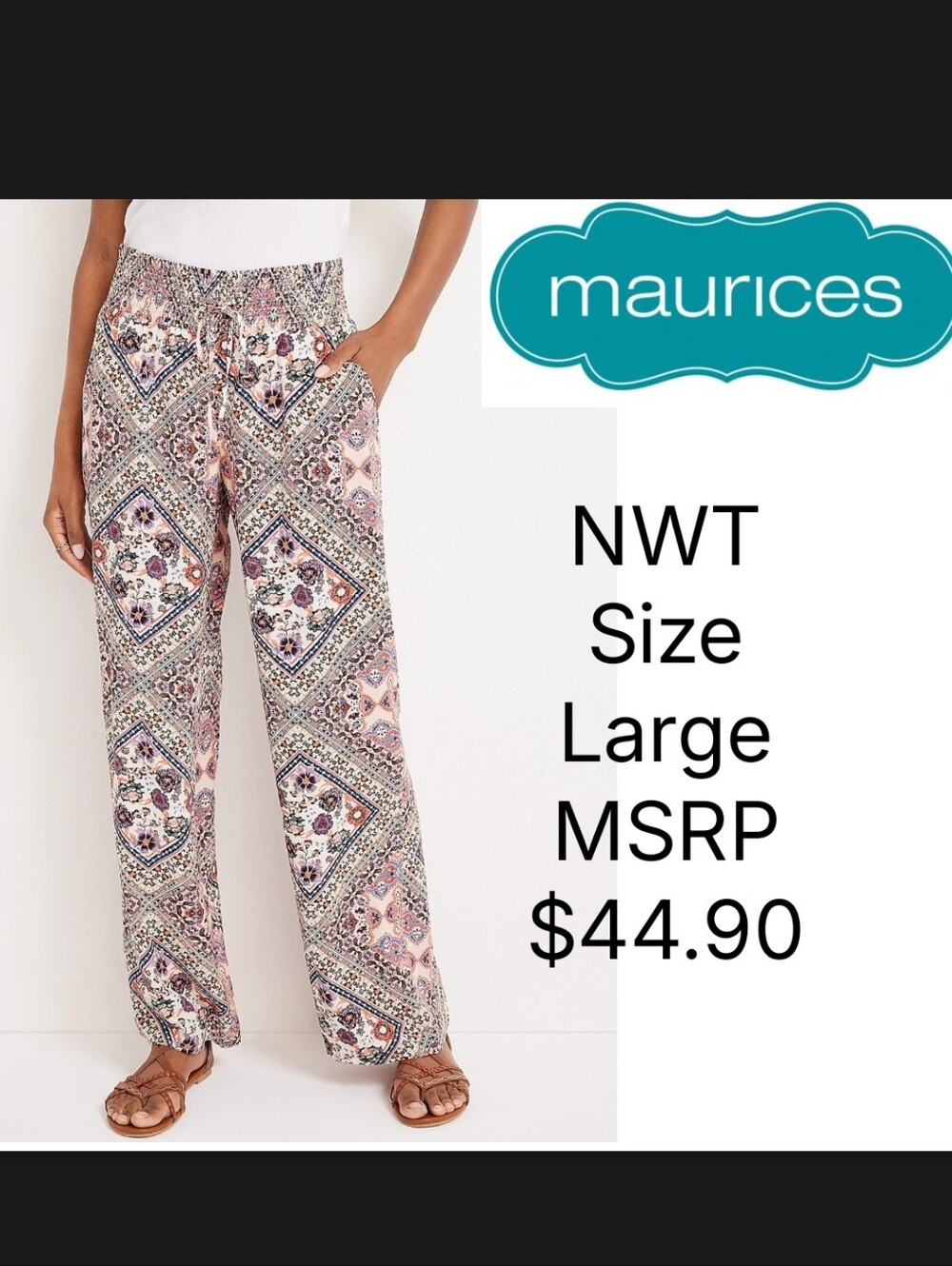 NWT Mauricrd Mixed Print Wide Leg High Rise Palazzo Pant Size Large